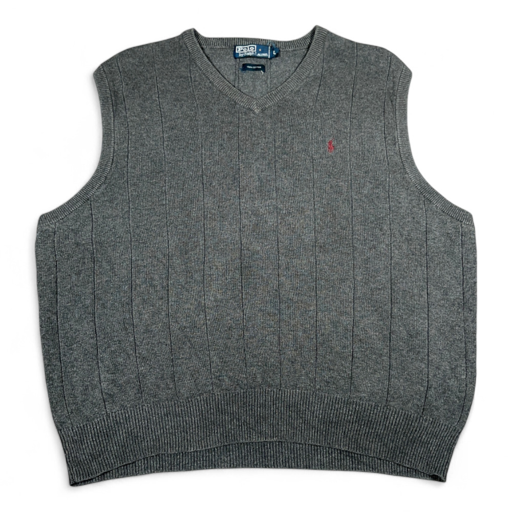 Vintage Polo Ralph Lauren Sweater Vest Adult LARGE Gray Cotton Small Pony 90s